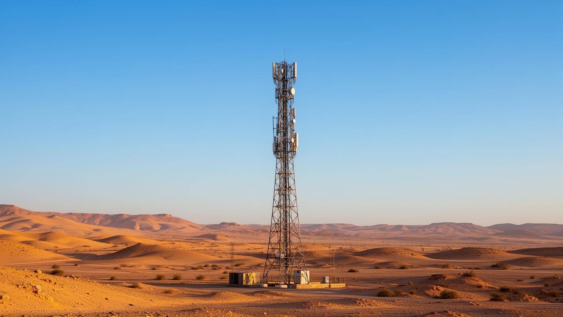 Telecom ground-based tower in desert landscape