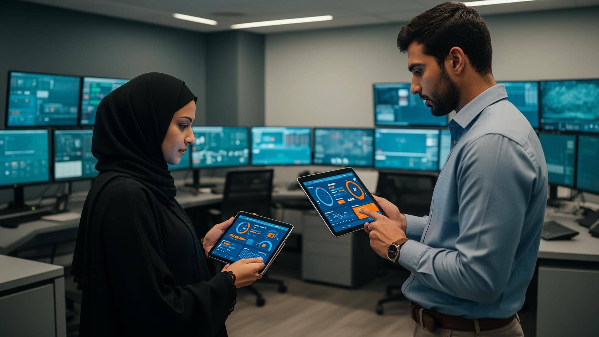 Engineers reviewing sustainability data on tablets