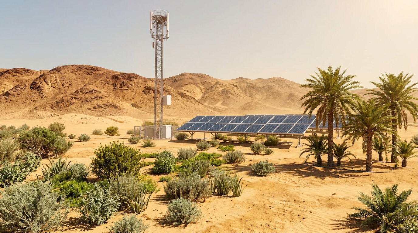 Telecom tower with solar panels in desert landscape