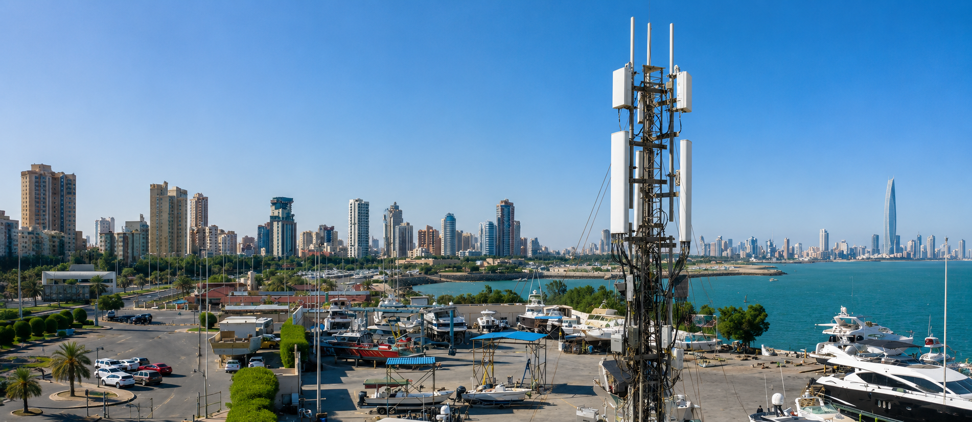 Telecom infrastructure towers across desert landscape with engineers